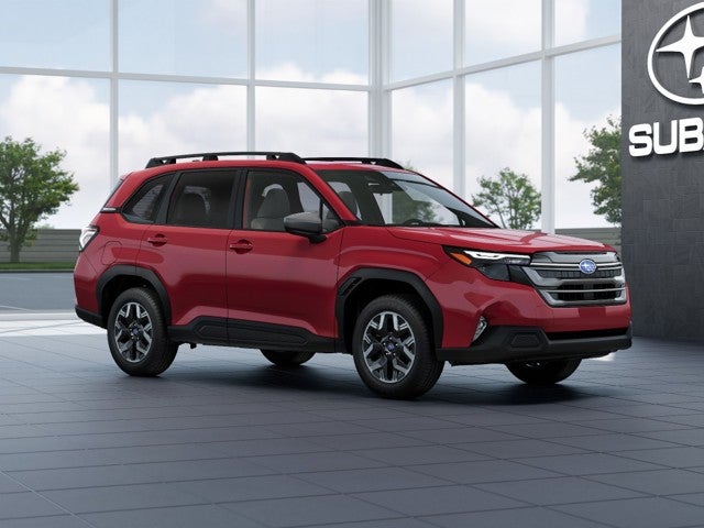 2026 Subaru FORESTER Premium in Crimson Red Pearl — front three-quarter view