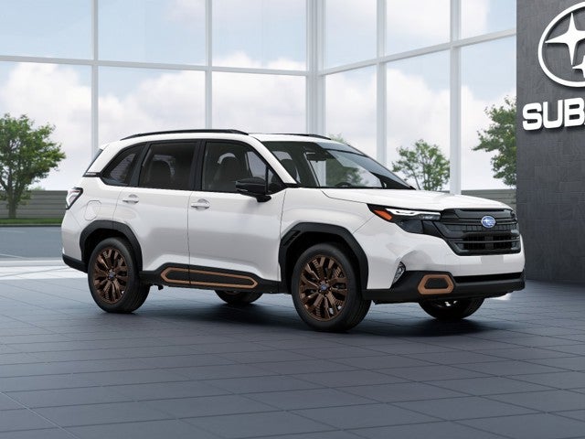 2026 Subaru FORESTER Sport in Crystal White Pearl — front three-quarter view