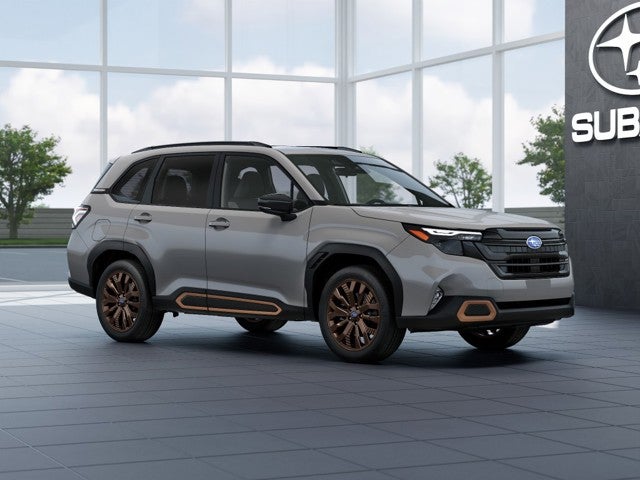 2026 Subaru FORESTER Sport in River Rock Pearl — front three-quarter view